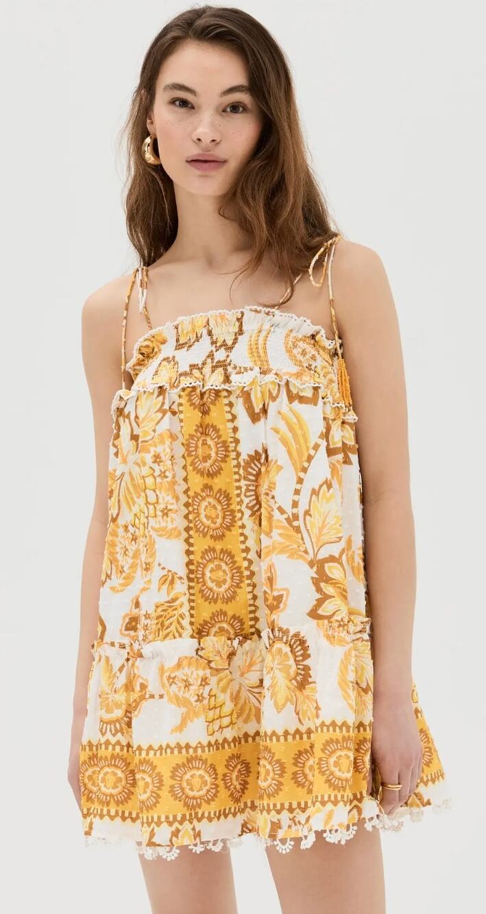 Caroline Constas Dress Small Yellow Floral Cotton Tassel Mini Sundress Relaxed